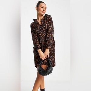 Whistles Smudge Animal Frill Sack Dress / open collar mini dress leopard print S